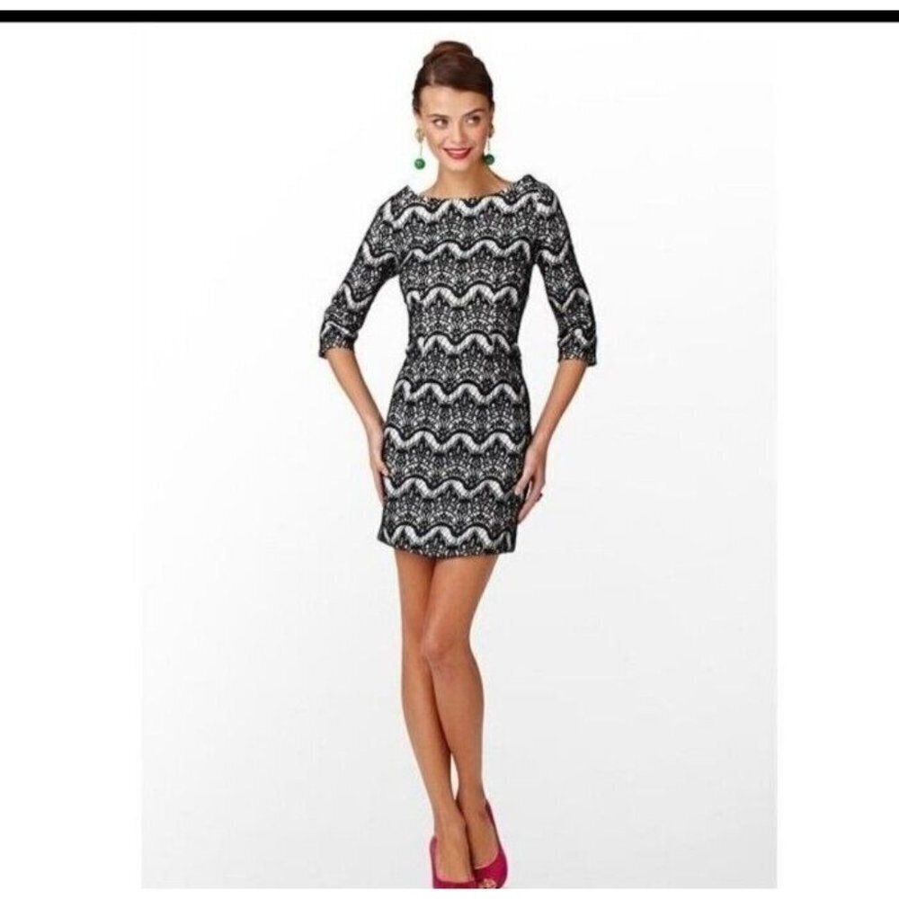 LILLY Pulitzer Nikola Womens Sheath Dress Black White Lace Boat Neck Zip M